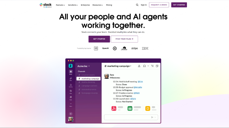 Landing page for slack, collaboration software platform.
